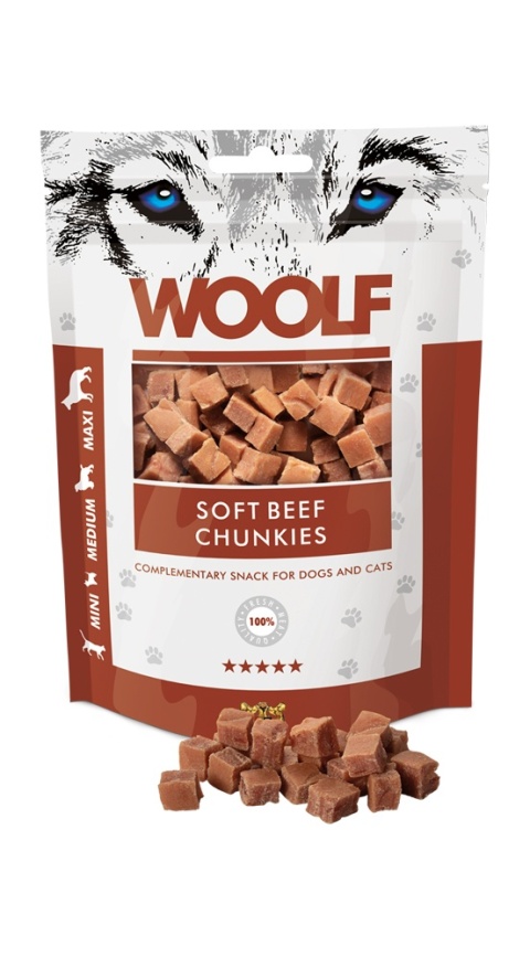 Woolf - Soft Beef Chunkies 100g - mini kosteczi z wołowiny - przysmak dla psa