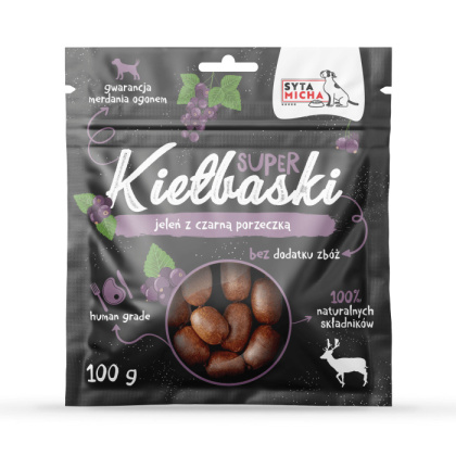 SYTA MICHA - SUPER KIEŁBASKI Z JELENIEM I CZARNĄ PORZECZKĄ DLA PSA 100G