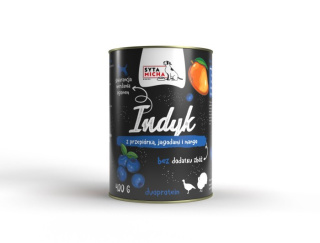 SYTA MICHA - 400G - INDYK Z PRZEPIÓRKĄ, JAGODAMI I MANGO - KARMA MOKRA DLA PSA